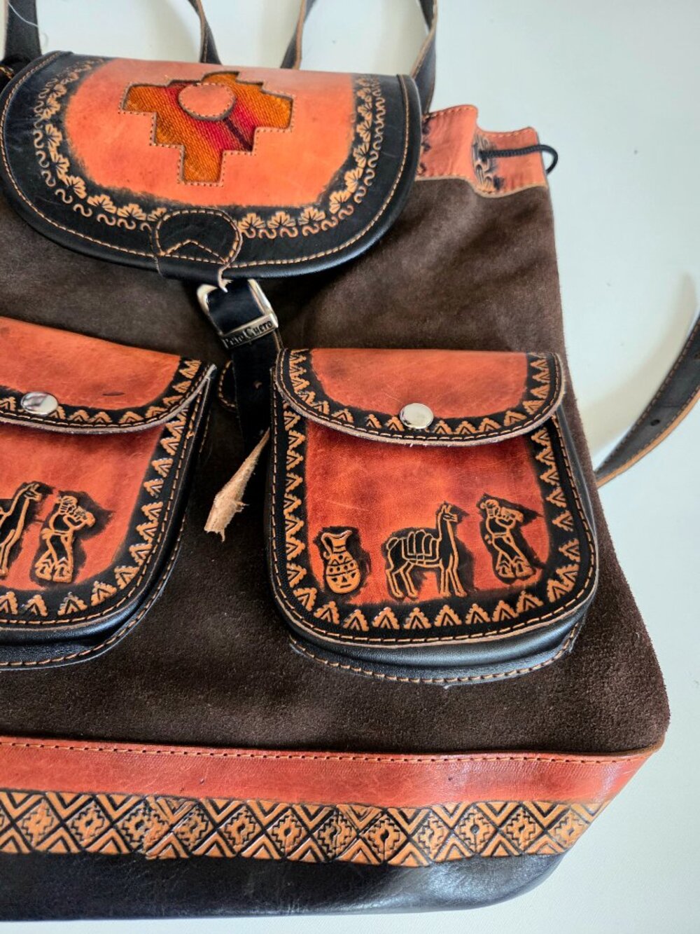 Puro Cuero Handcrafted Peruvian Leather Suede backpack Traditional Geometric - Picture 3 of 7